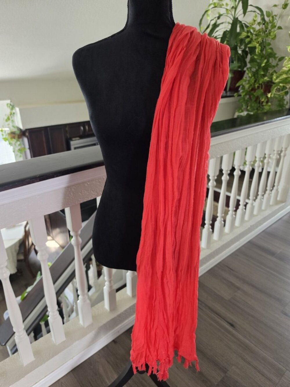 Women's coral Solid Rectangle Scarf Wrap, Lightweight Tassel Fringe Accents - Picture 4 of 5